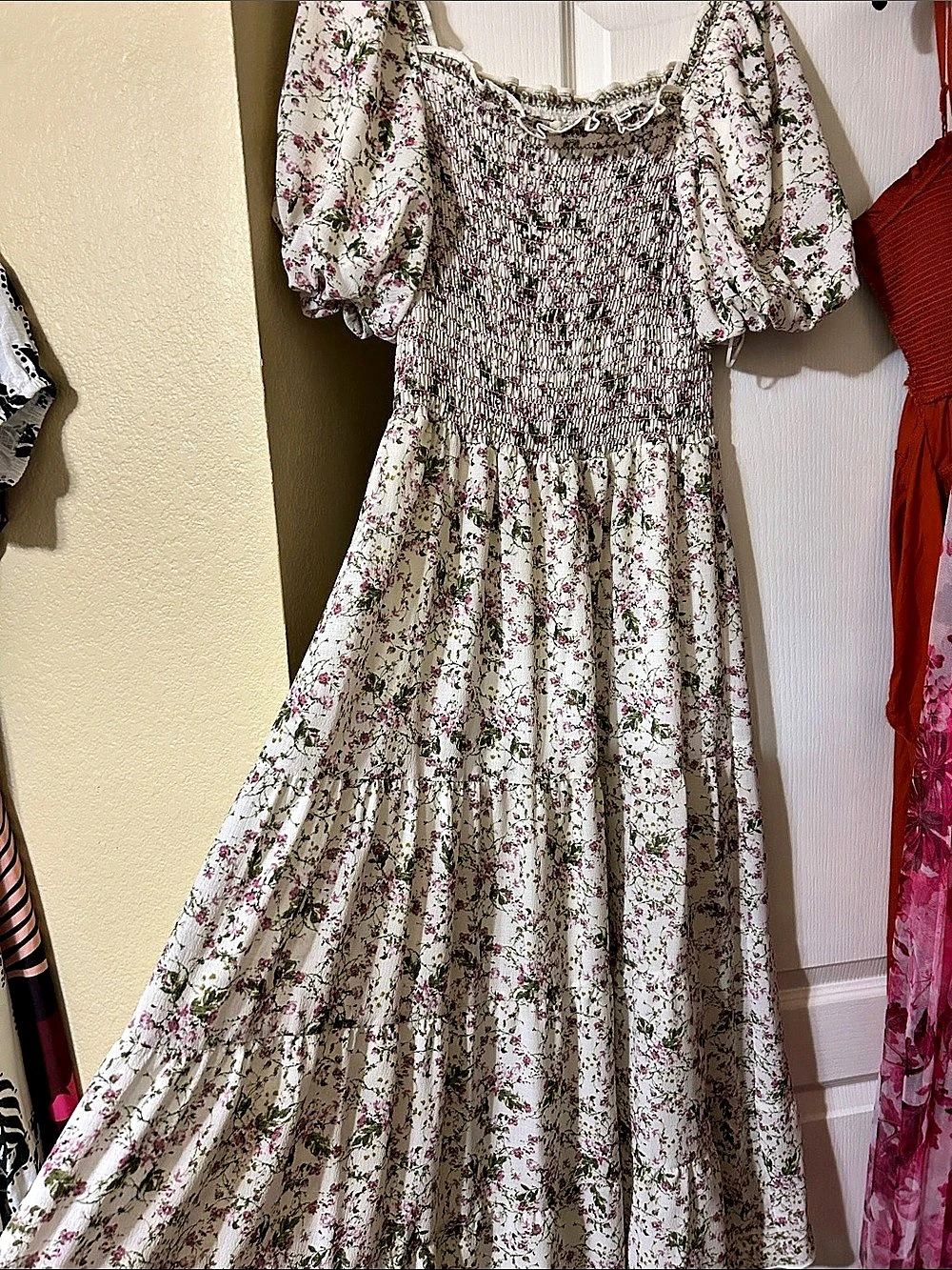 Max Studio Floral Maxi Dress in White & Pink & Purple Size Large